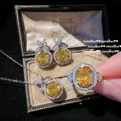 2024 New Trendy Round Cut Yellow Cubic Zirconia Bridal Jewelry Sets for Women Platinum Plating Wedding Ring Earring Necklace