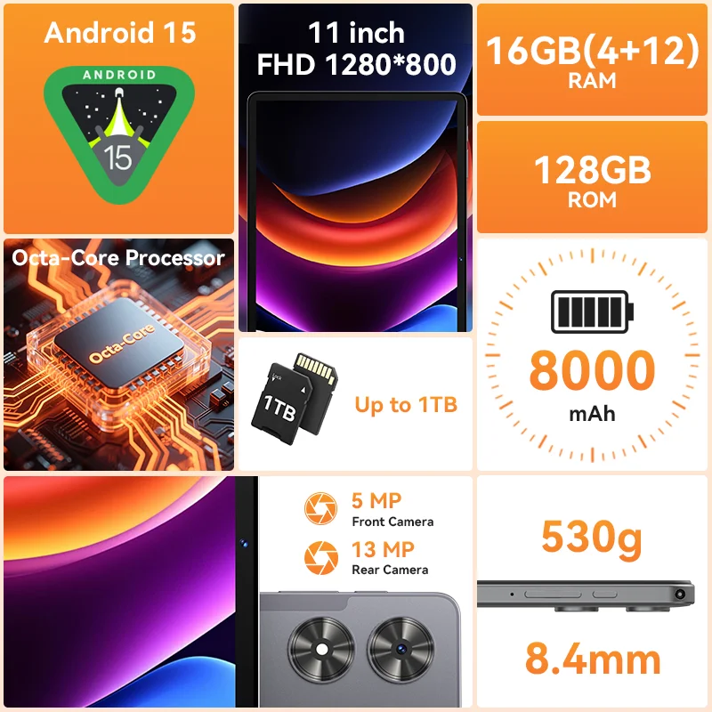 SVITOO 11 "2025 Tablet Android 15 Octa-Core T606 16GB RAM 128GB ROM 8000mAh Batteria Type-C Widevine L1 PC Tablet Versione globale