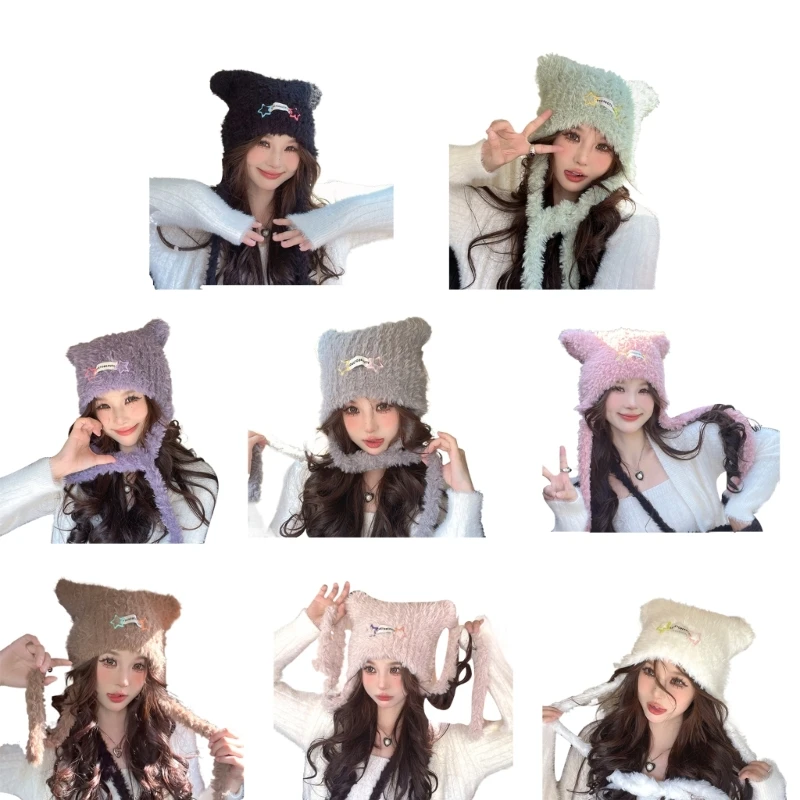 Plush Beanie Hat for Female Girl Ear Muffs Winter Warm Hat Windproof Bonnet Hat Fashion Outdoor Sport Soft Skull Cap