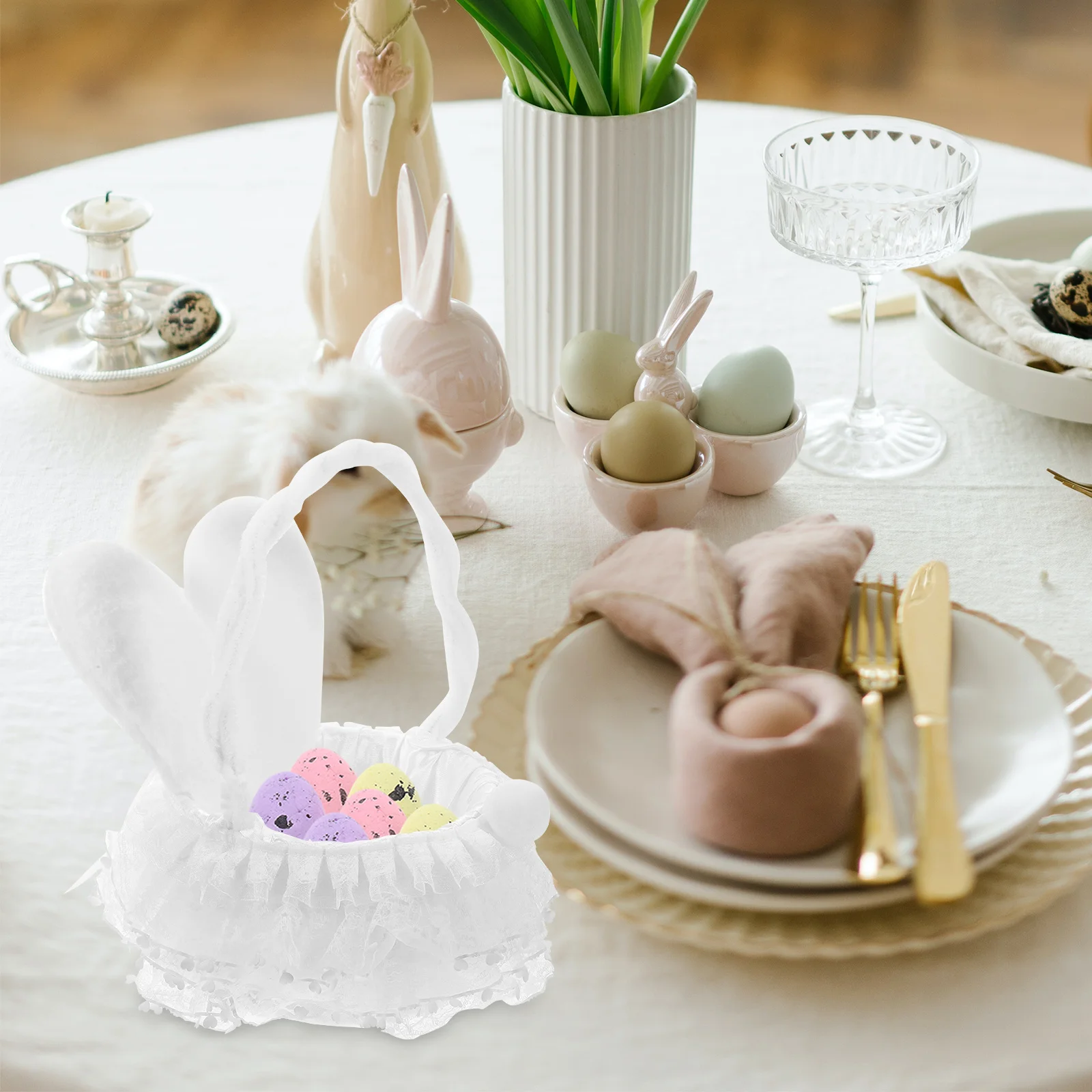 

Easter Bunny Flower Basket Rabbit Ear Tote Basket Large Capacity Durable Storage Portable for Easter Candy Decoration