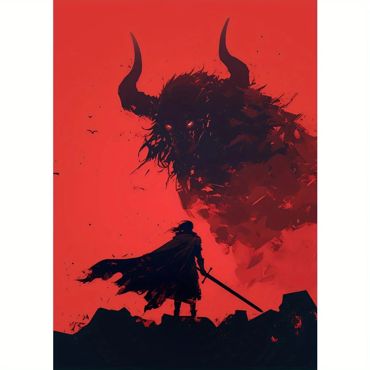 Arte de pared de lienzo sin marco minimalista moderno, silueta de guerrero épico vs escena de batalla de bestia con cuernos, fondo rojo audaz, 1 ud.