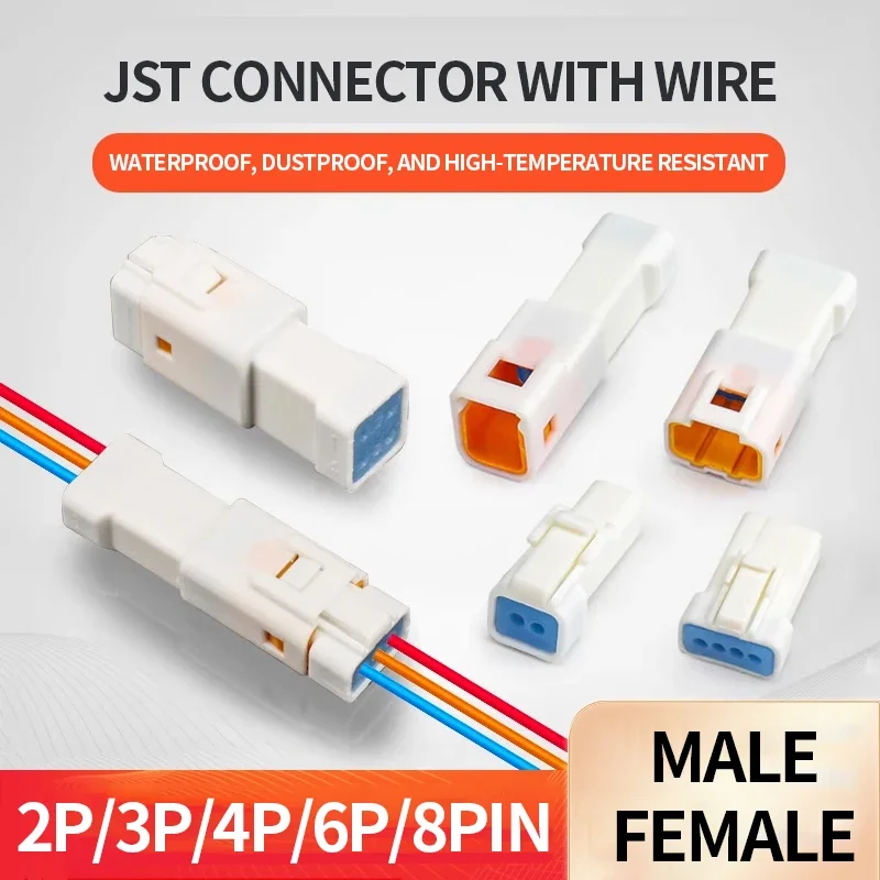 5/20/100set water-resistant Jst connector 2p/3p/4p/6p/8p connector socket steker with 20awg/0.5mm ² Harness wire 02t/02r/03t/03r