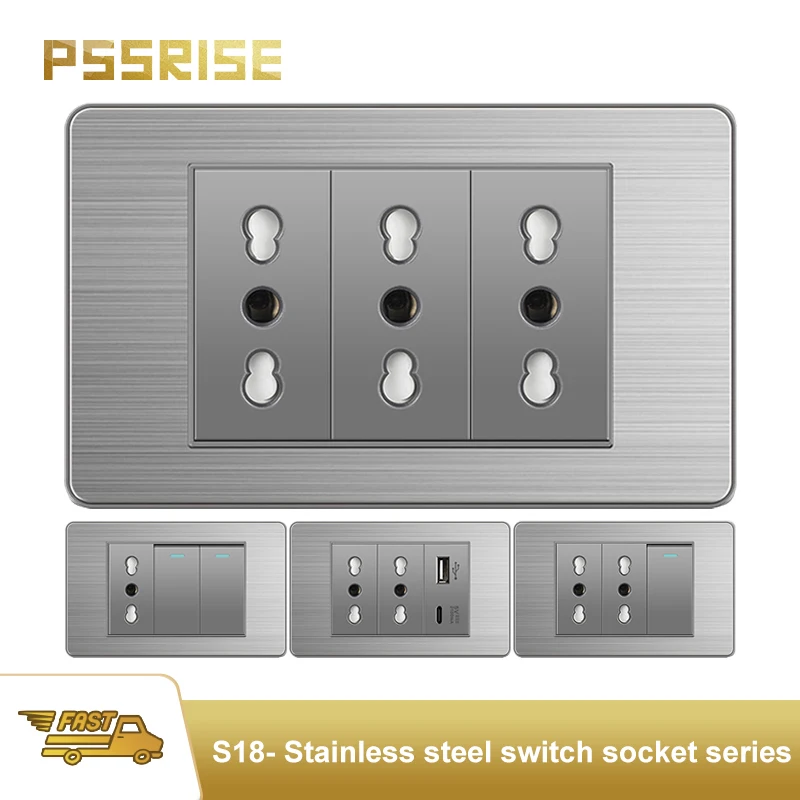 

PSSRISE EU Italy Wall Power Outlet Switch Quick Charging With USB Type-c 5V 2100mA TV Phone Computer Power Stainless Steel Grey