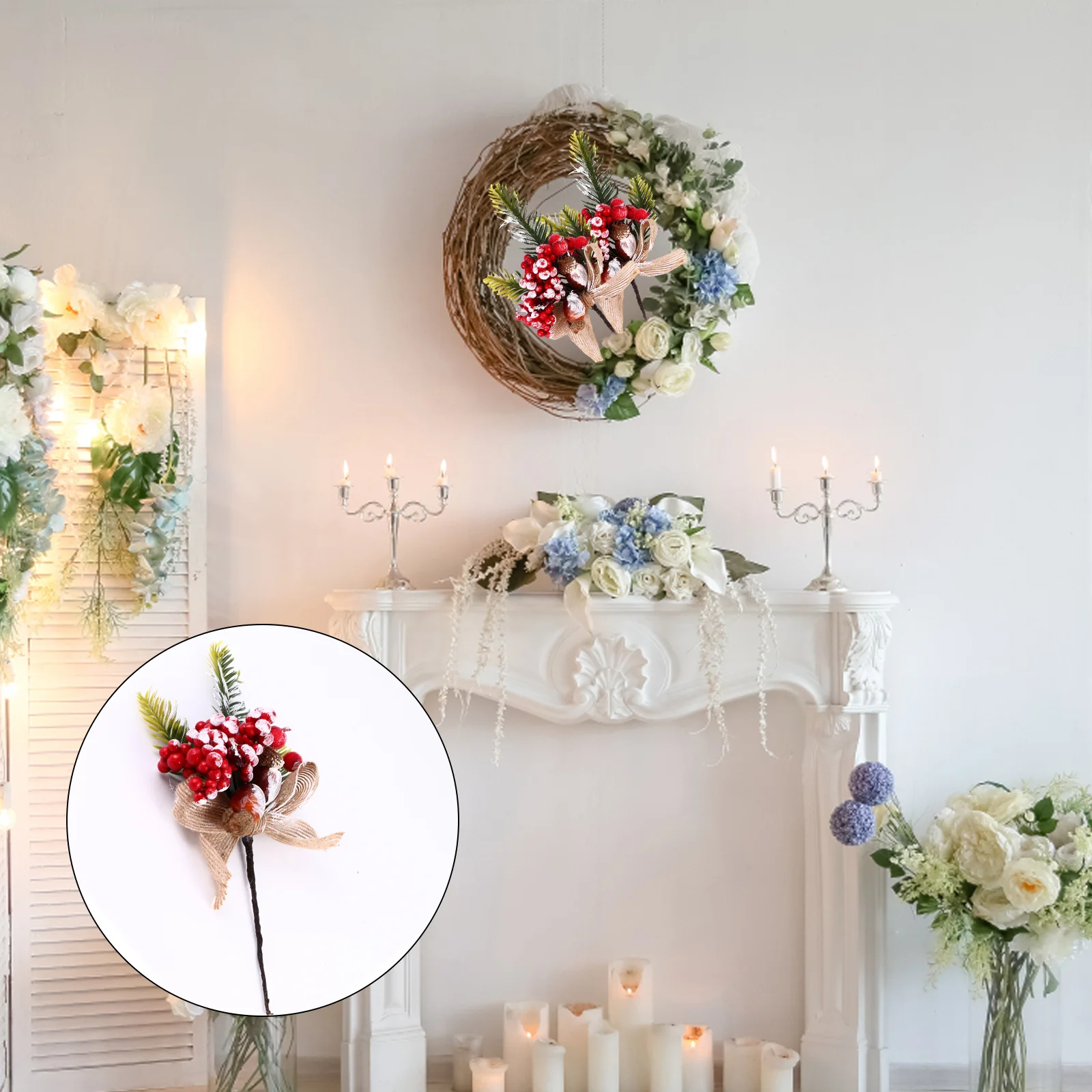 

8Pcs Christmas Wreath Picks Artificial Pine Berry Branches Red Berry Pine Cone Branches Holiday Floral Decoration