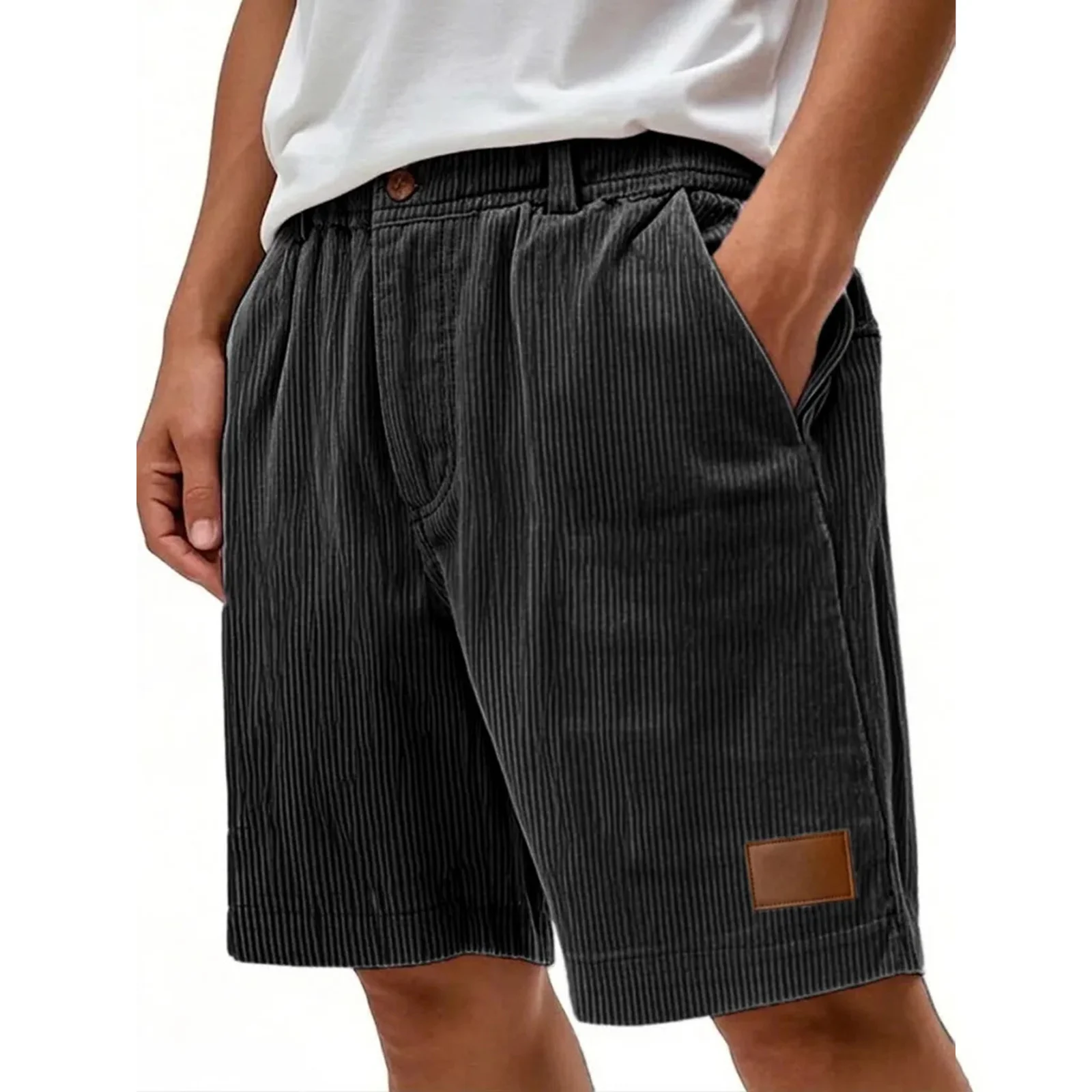 

Men's Business Casual Shorts Summer Fashion Corduroy Elastic Waist Pants Daily Office Wear Knee Length Loose Fit Male Bottoms