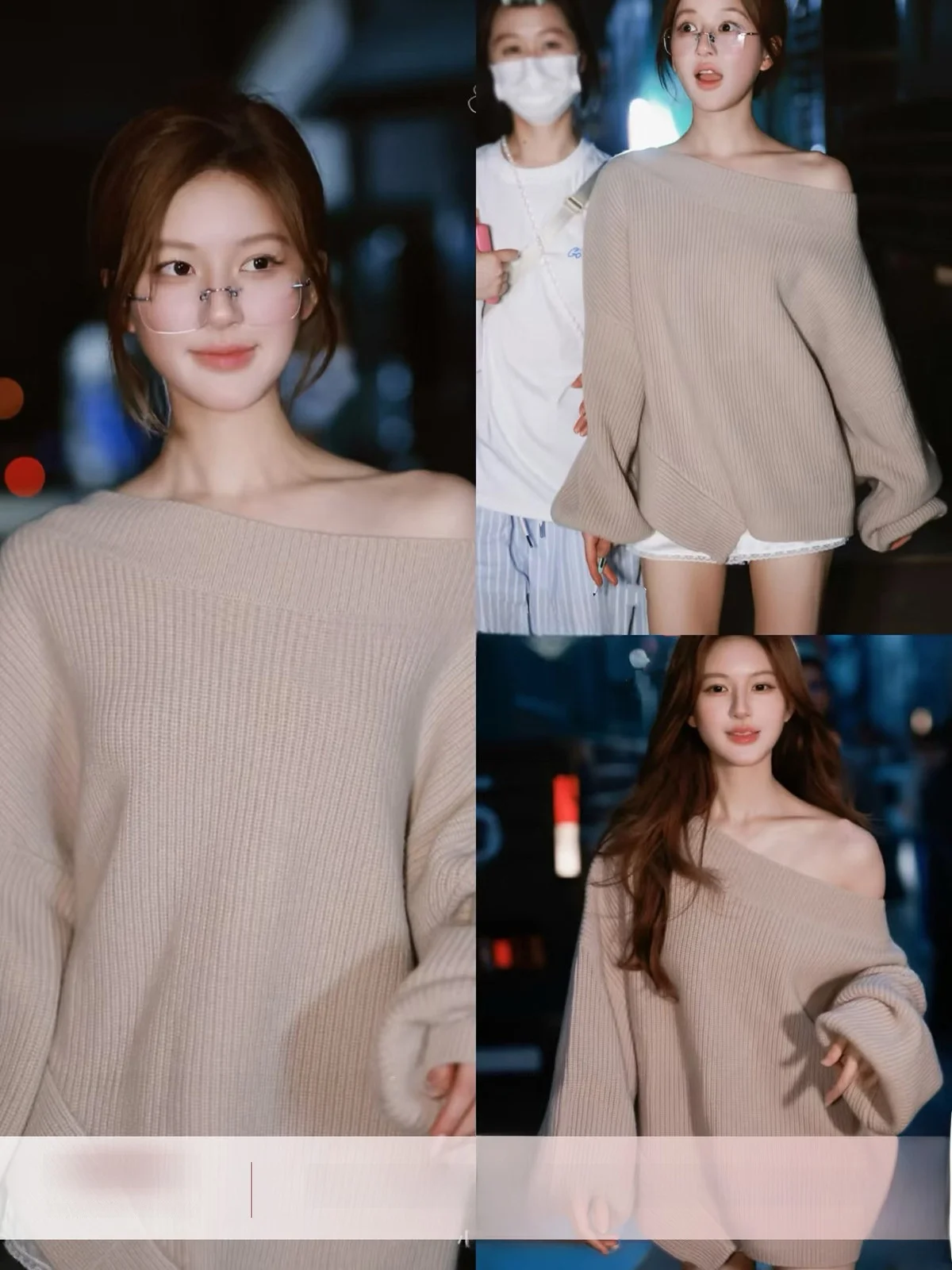 

Khaki Off-oulder Sweater Women's Loose Winter Faionable All-Match Overhead irt YOLI Zhang Yuli Commute Sle Long Sv...