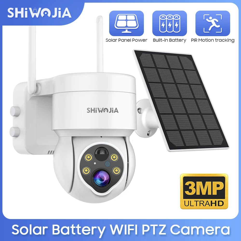 SHIWOJIA Solar Camera Outdoor Wireless Wifi 3MP Mini Security Protection Solar Panel Surveillance Two Way Audio PIR Detect CCTV