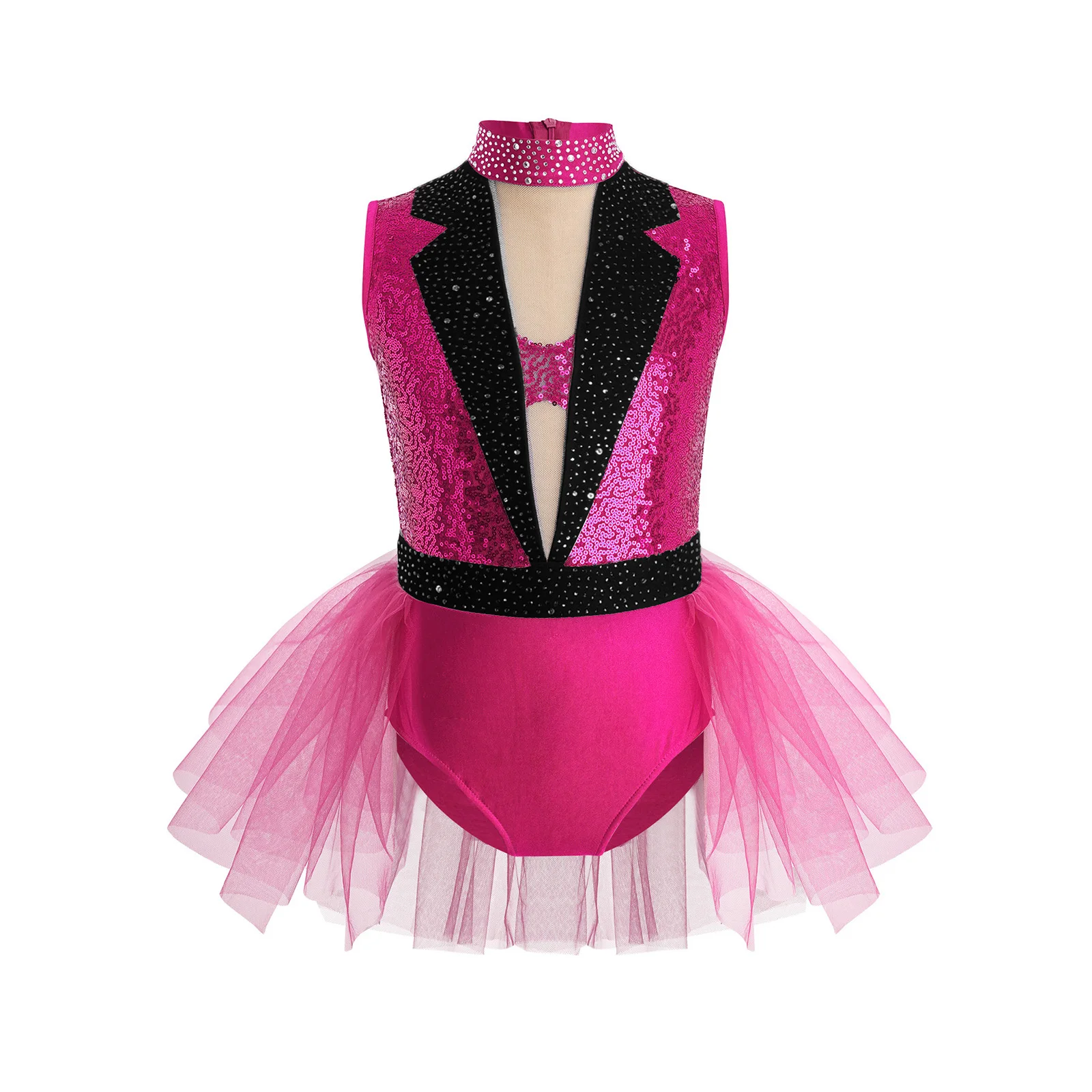 Children Girls Jazz Dance Performance Bodysuit Dress Shiny Sequin Rhinestone Sheer Mesh Ballet Gymnastics Skating Tutu Dresses