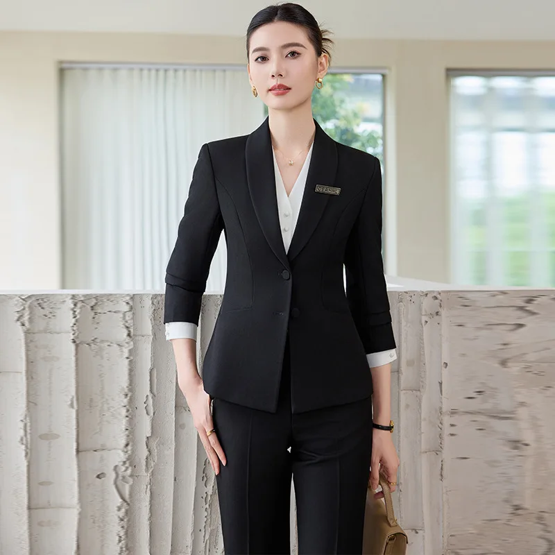 Gray Professional Suit Set for Women, Spring and Autumn, Elegant Hotel Front Desk Uniform, Waiter Workwear, Blazer Jacket