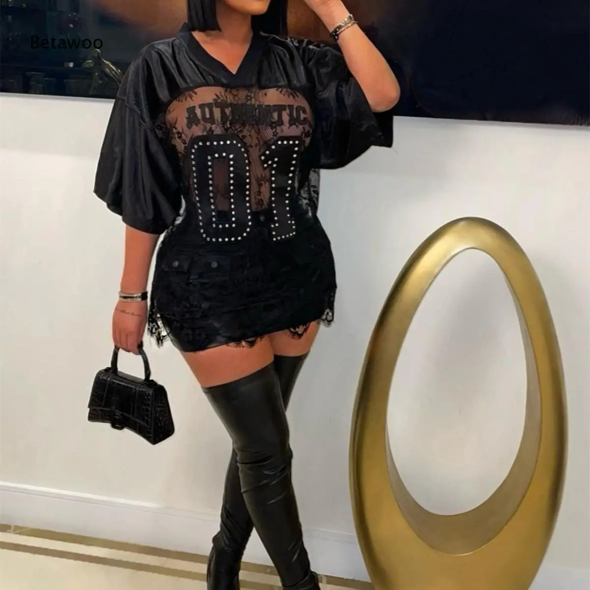 Women Two Tone Splice Mesh Oversized T-Shirt Dress Rhinestone Number 01 Letter Print Sheer Lace Mini Jersey Tunic
