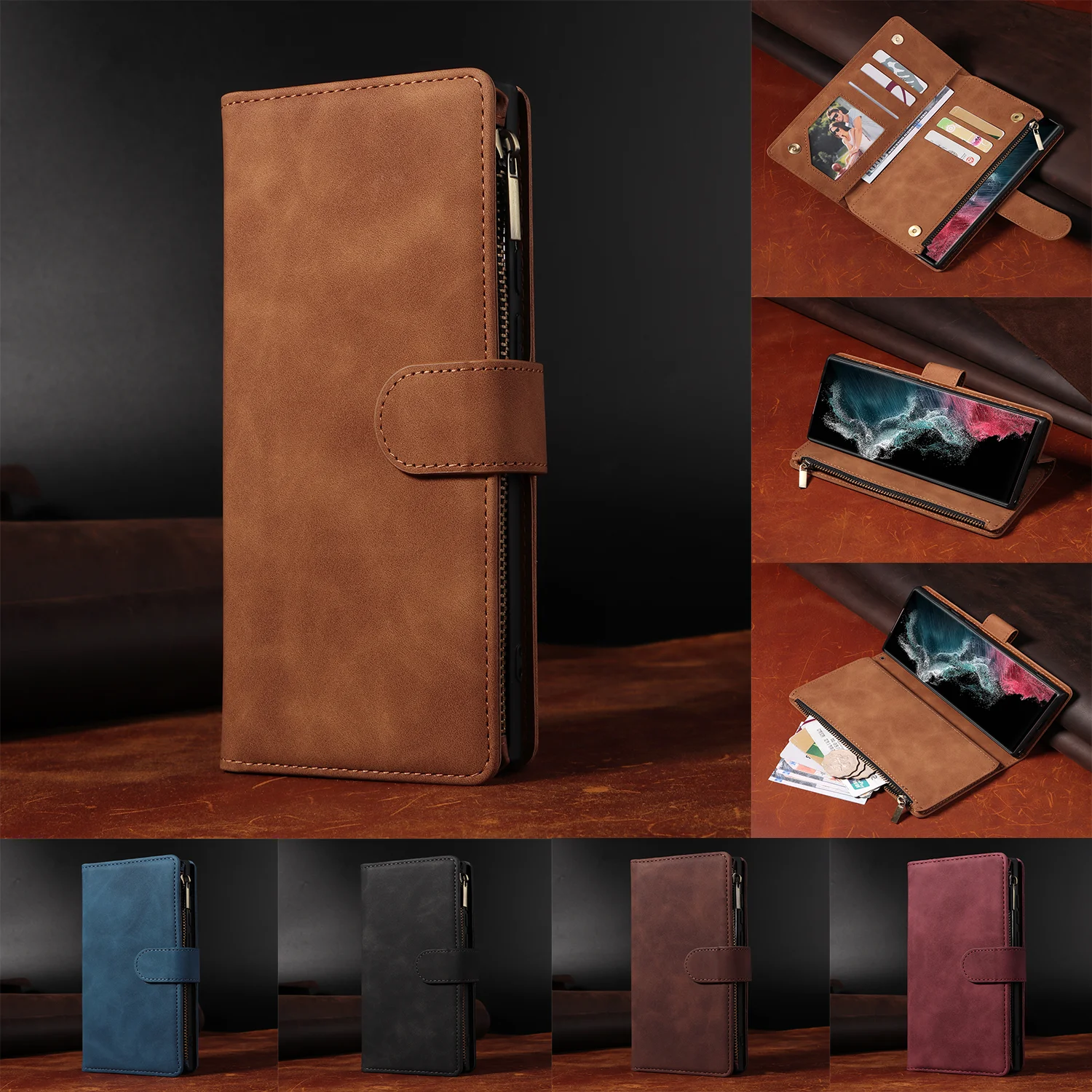 

Zipper Wallet Case For Samsung Galaxy S25 Edge S24 FE S23 S22 S21 S20 Ultra S10 Plus Note20 Business Premium Leather Flip Cover