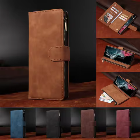 Zipper Wallet Case For Samsung Galaxy S25 Edge S24 FE S23 S22 S21 S20 Ultra S10 Plus Note20 Business Premium Leather Flip Cover