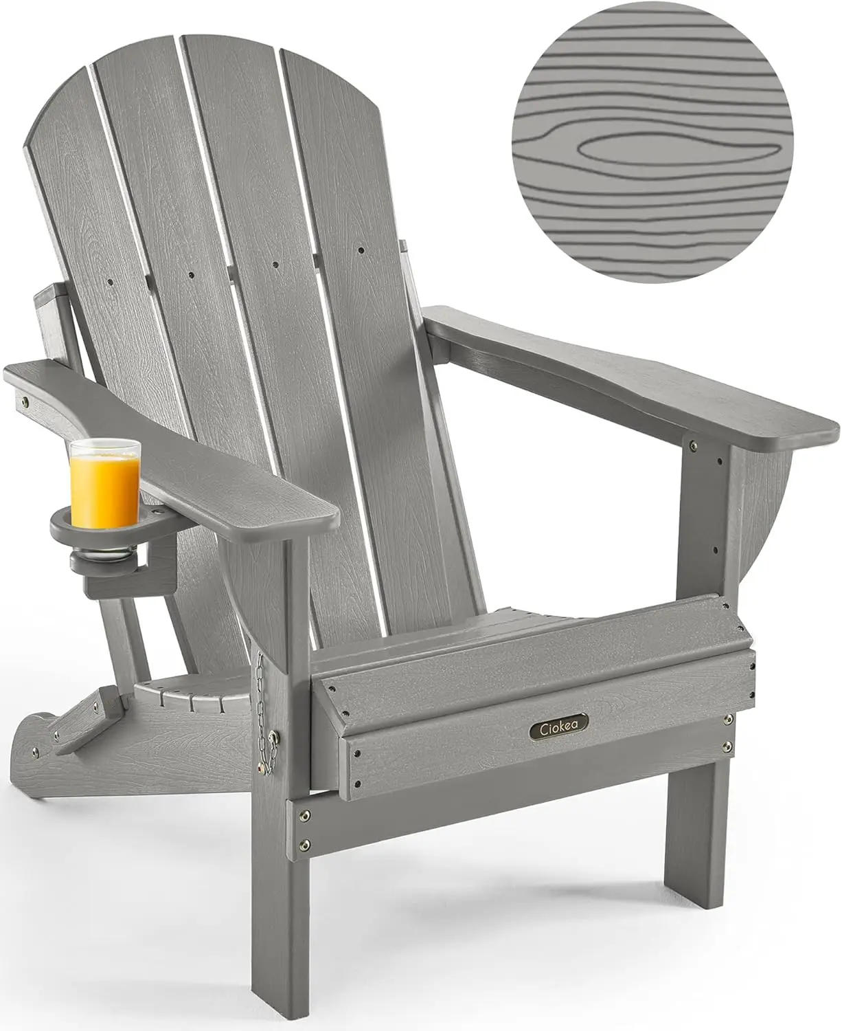 Folding Adirondack Chair Wood Texture, Patio Chair Weather Resistant, Plastic Fire Pit Chair with Cup Holder, for Lawn Outdoor