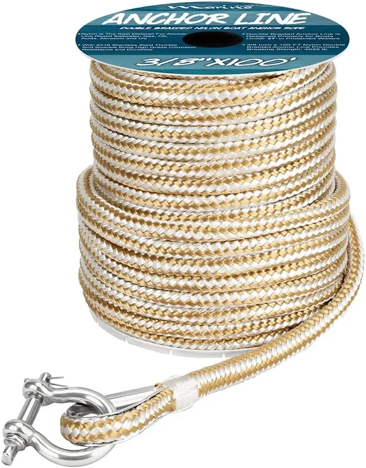 

3/8 Inch 150FT Double Braided Nylon Anchor Rope with Thimble, Gold/White, Durable Marine Line