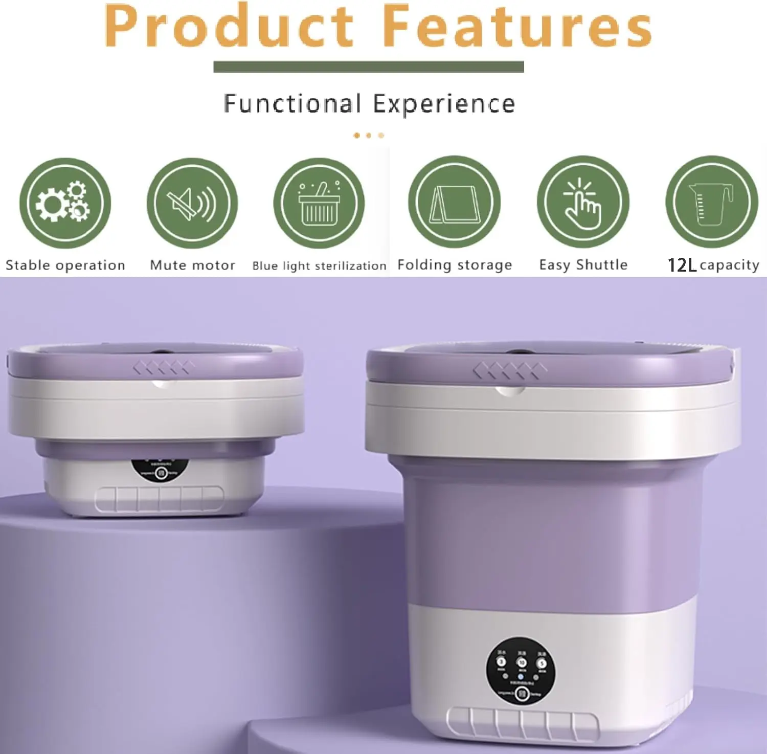 เครื่องซักผ้าพับได้ขนาด 12 ลิตรแบบพกพา เครื่องซักผ้าขนาดเล็ก 3 โหมดสำหรับชุดชั้นใน เสื้อผ้าเด็ก – เหมาะสำหรับอพาร์ทเมนต์ หอพัก โรงแรม