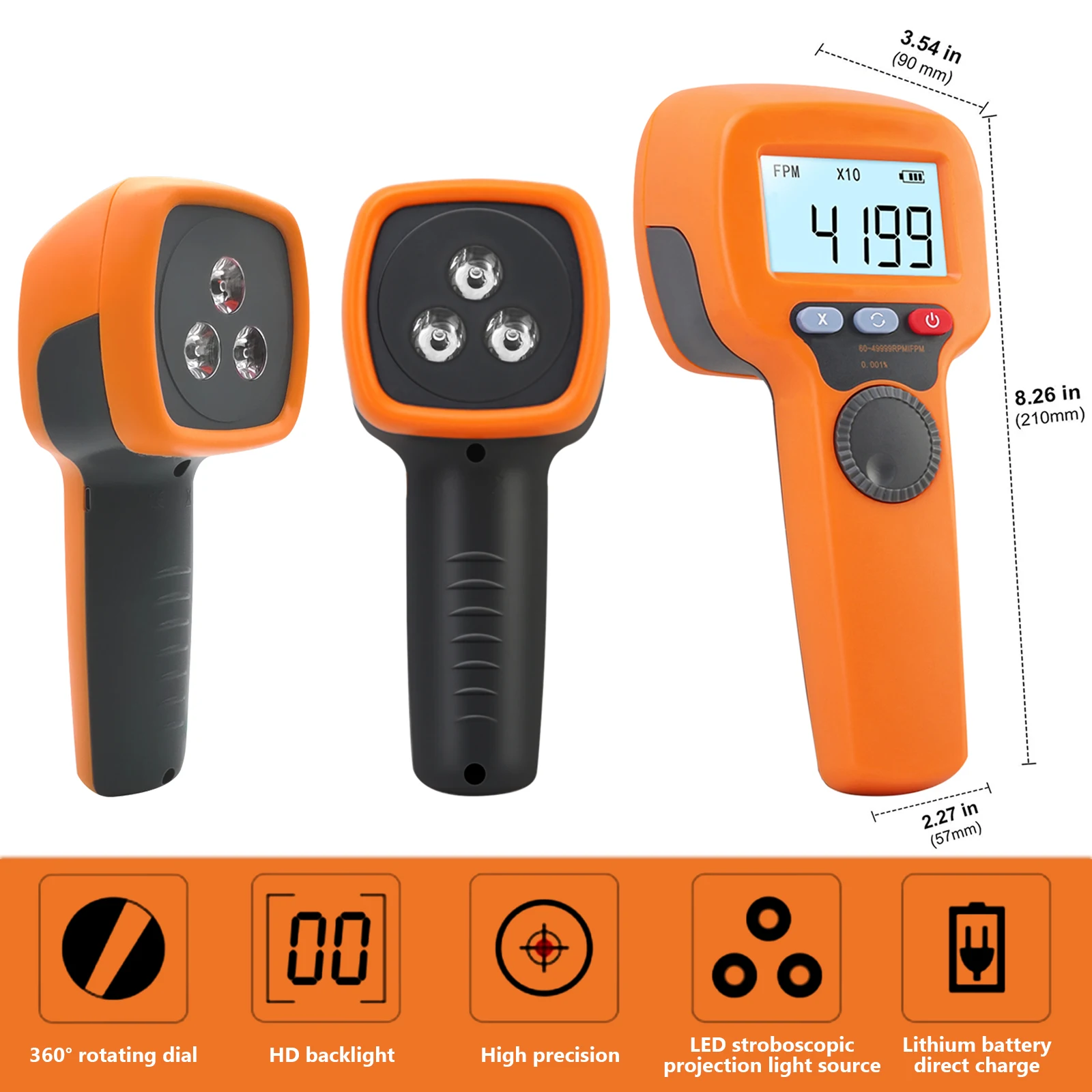 Digital Handheld Stroboscope Measuring 60-49999 RPM Non Contact Strobe Tachometer, High Accuracy 0.001% Rechargeable Tachometer