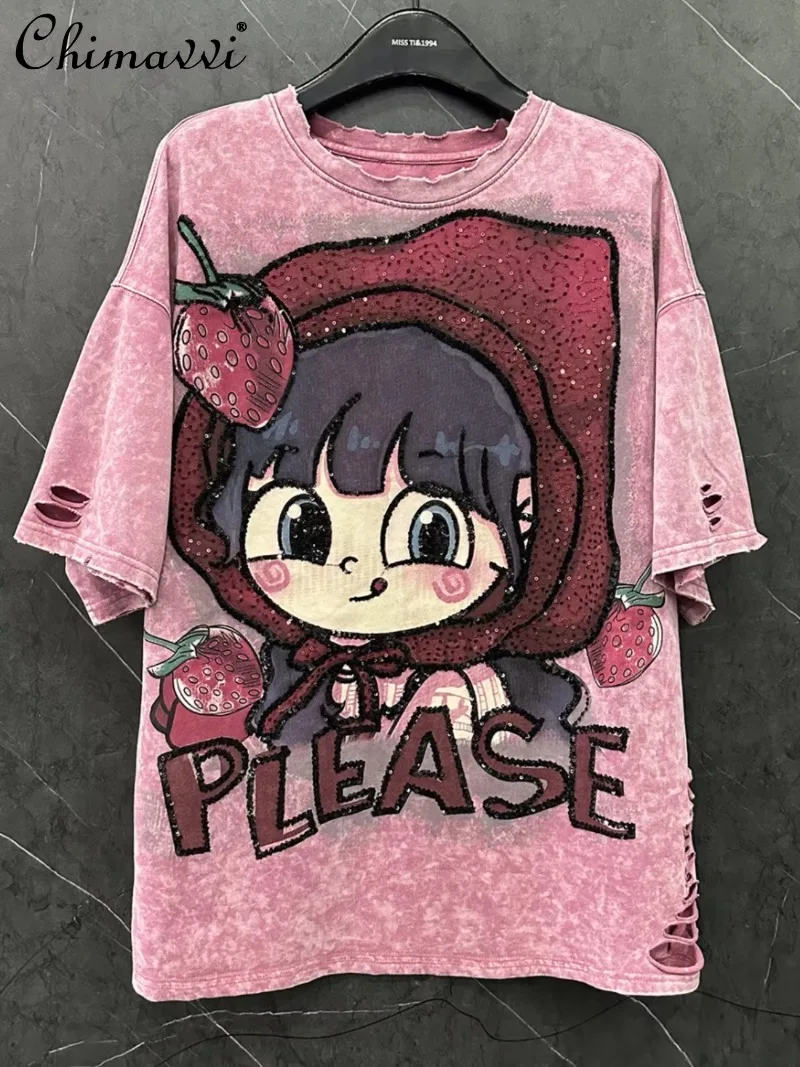 甘いクールな穴デザイン漫画イチゴ少女甘い Tシャツ春夏のファッションルーズ半袖 Tシャツ女性トップス