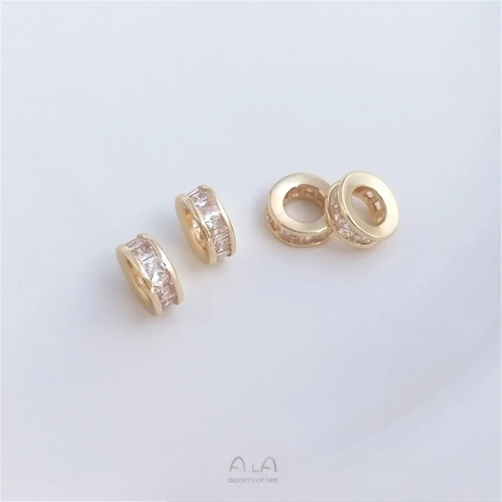 Microembutidos Zircão Ouro Anel De Diamante, 14K Coberto, Quadrado Zircônio Roda Spacer Bead, DIY Handmade Jóias Acessórios