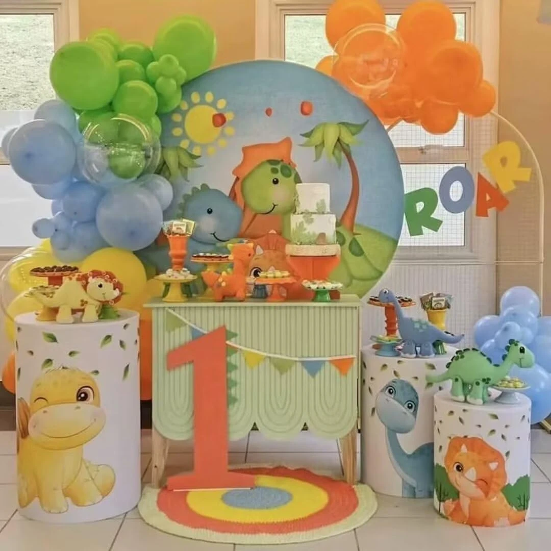 Kreskówka dinozaur Cylinder cokół pokrowiec na dekoracje na imprezę urodzinową tropikalne liście elastyczna tkanina pokrywa Baby Shower