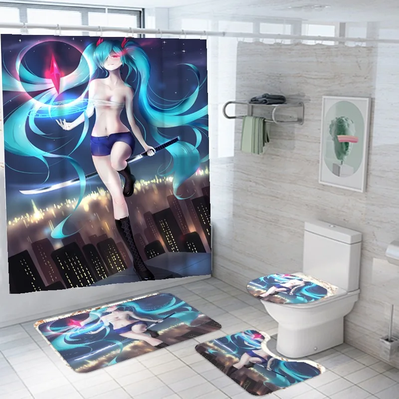 Anime Shower Curtain Genshin Impact 3D Print Bath Mat Set Cartoon Kawaii Loli Girl Bath Curtain Anime Bathroom Toilet Kid Gift