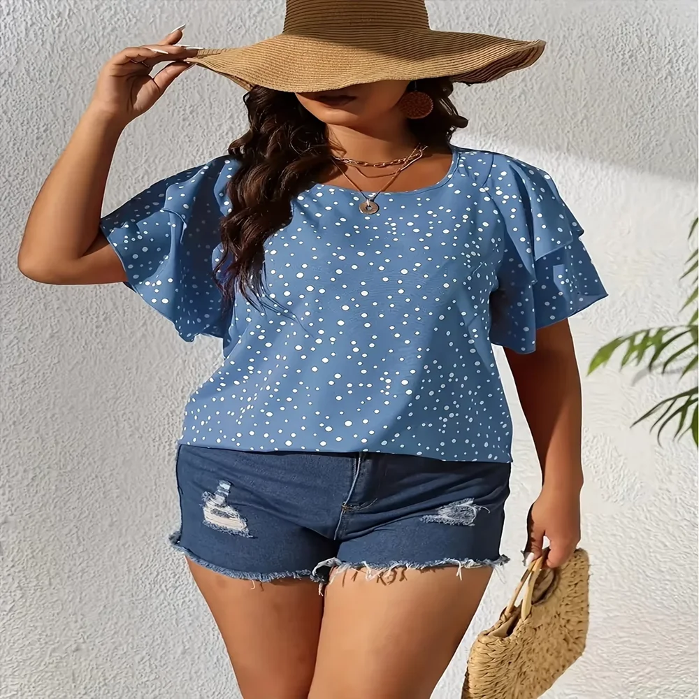 Plus Size 1XL-5XL Women's  Elegant V-Neck Blouse  Vibrant Pink & White Polka Dot Print Ladies Casual Short Sleeve T-shirt Tops