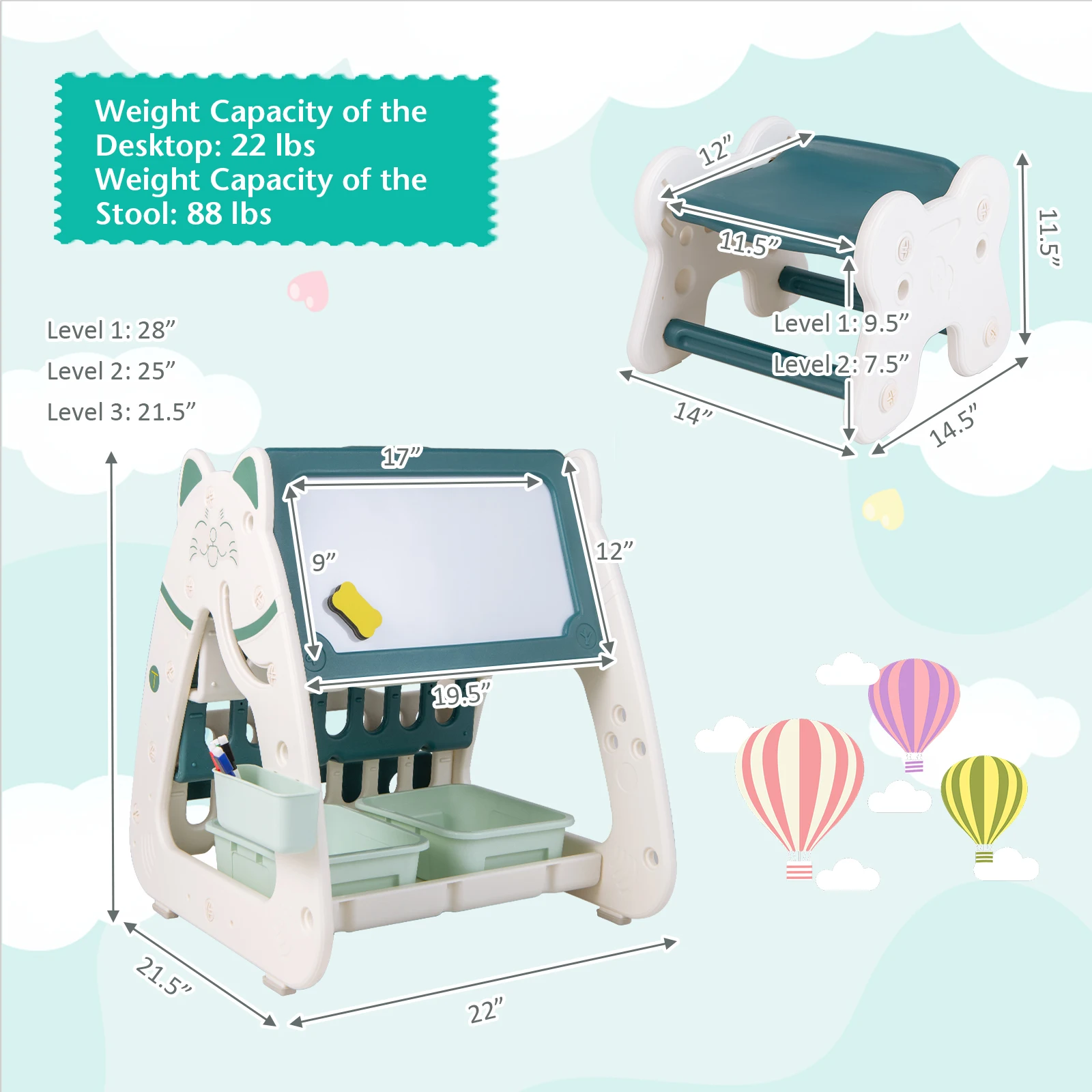 3-In-1 Kids Art Easel with Stool Magnetic Dry-Erase Board w/ Book Rack Green