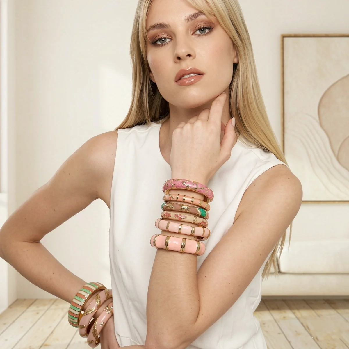 Vintage Pink-Serie Emaille-Manschettenarmbänder für Damen und Herren, Modisches Weichrosa Block-Muster mit Gedrehten Blättern, Blumen und Sternen, Armreif-Schmuck – Detail 6