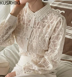 KUSAHIKI New Lace Embroidery Two-piece Set for Women's Fashion Long Sleeved Turn-down Collar Blouse Top Camisas De Mujer