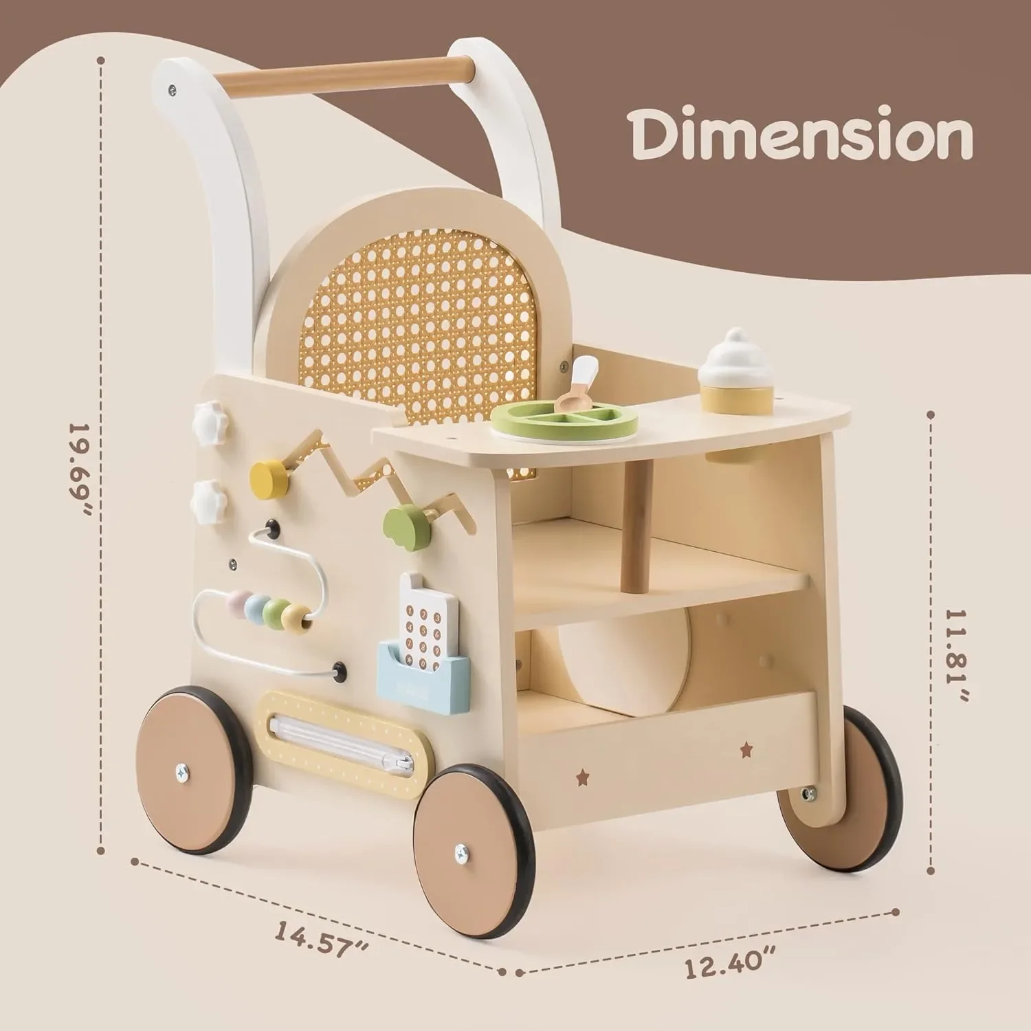 Robud Wooden Baby Push Walker Baby Activity Center Toys Walking Activity Center Push Toys with Safety Brake Baby Doll Walker