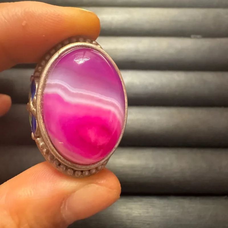 

Rare Collectible Old Silver Cloisonne Ring, Inlaid Silk Agate Gemstone Adjustable Open Vintage Fine Jewelry