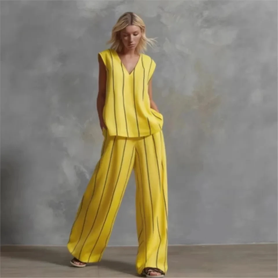 

Fashion Black Vertical Stripes Cotton Linen V-neck Sleeveless Top Women's Suit Casual Home Wear Loose Wide-leg Pants 2piece Set