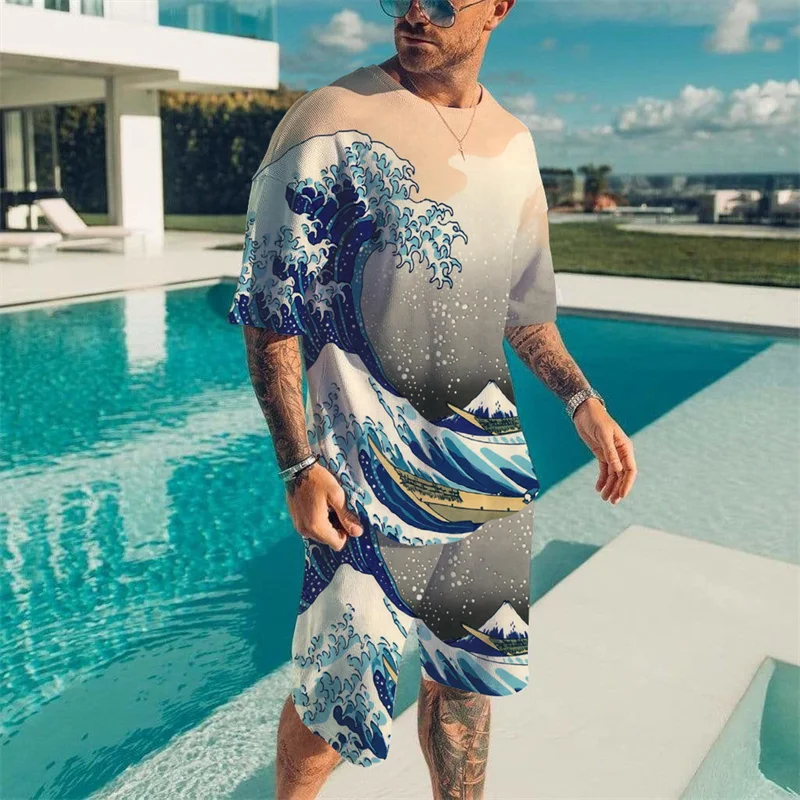Vintage Wave Print T-shirt Set Summer Men's Beach Breathable Short Sleeve 2 Piece Set Men's Fashion Tops Set Men's Clothing