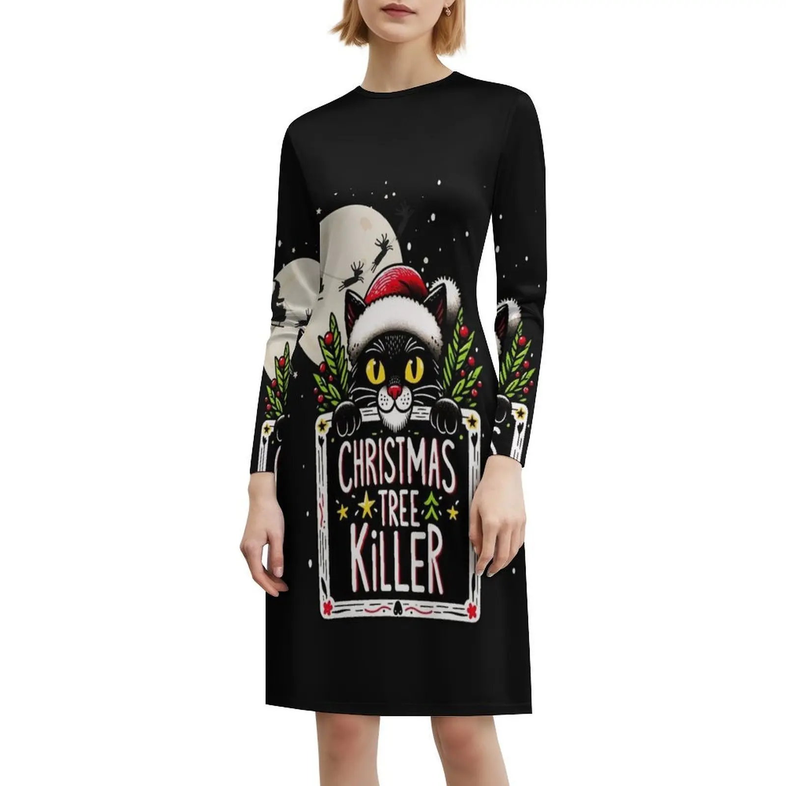 فستان على الطراز الكوري لشجرة عيد الميلاد للنساء، فستان كاجوال أنيق للحفلات أو الارتداء اليومي، Cat Kill Santa Scaredy Cat