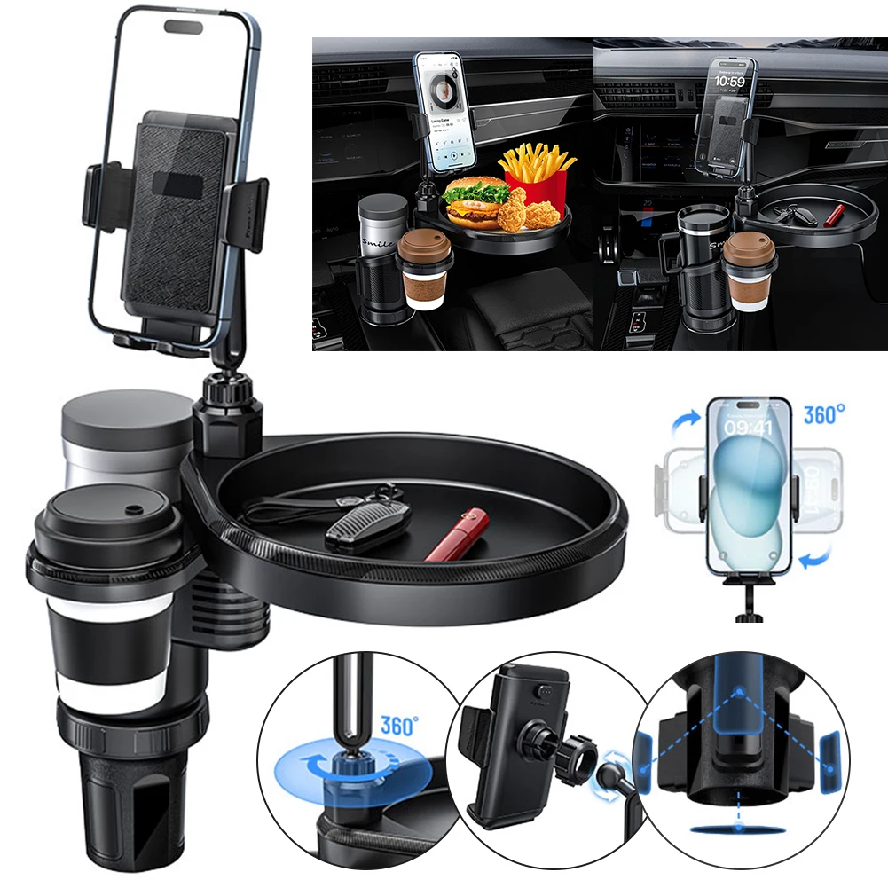 

4-in-1 Cup Holder Expander Tray Automotive Cup Holder Attachable Tray Adjustable Car Drink Holder with Phone Holder Food Tray