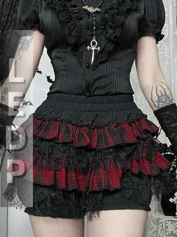 IMU Mall Gothic Y2k Dark Shorts Skirt Women Hotsweet Harajuku Grunge Plaid Lace Patchwork Spider Web Pumpin Skirts Female