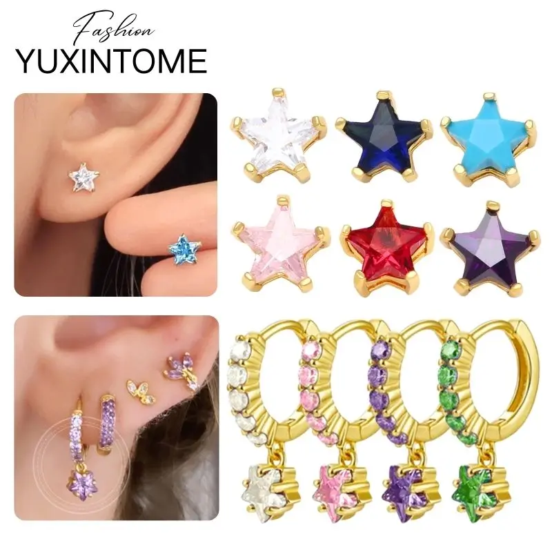 

925 Sterling Silver Needle Colorful Zircon Star Stud Earrings for Women Fashion Five-Pointed Star Pendant Earrings Fine Jewelry