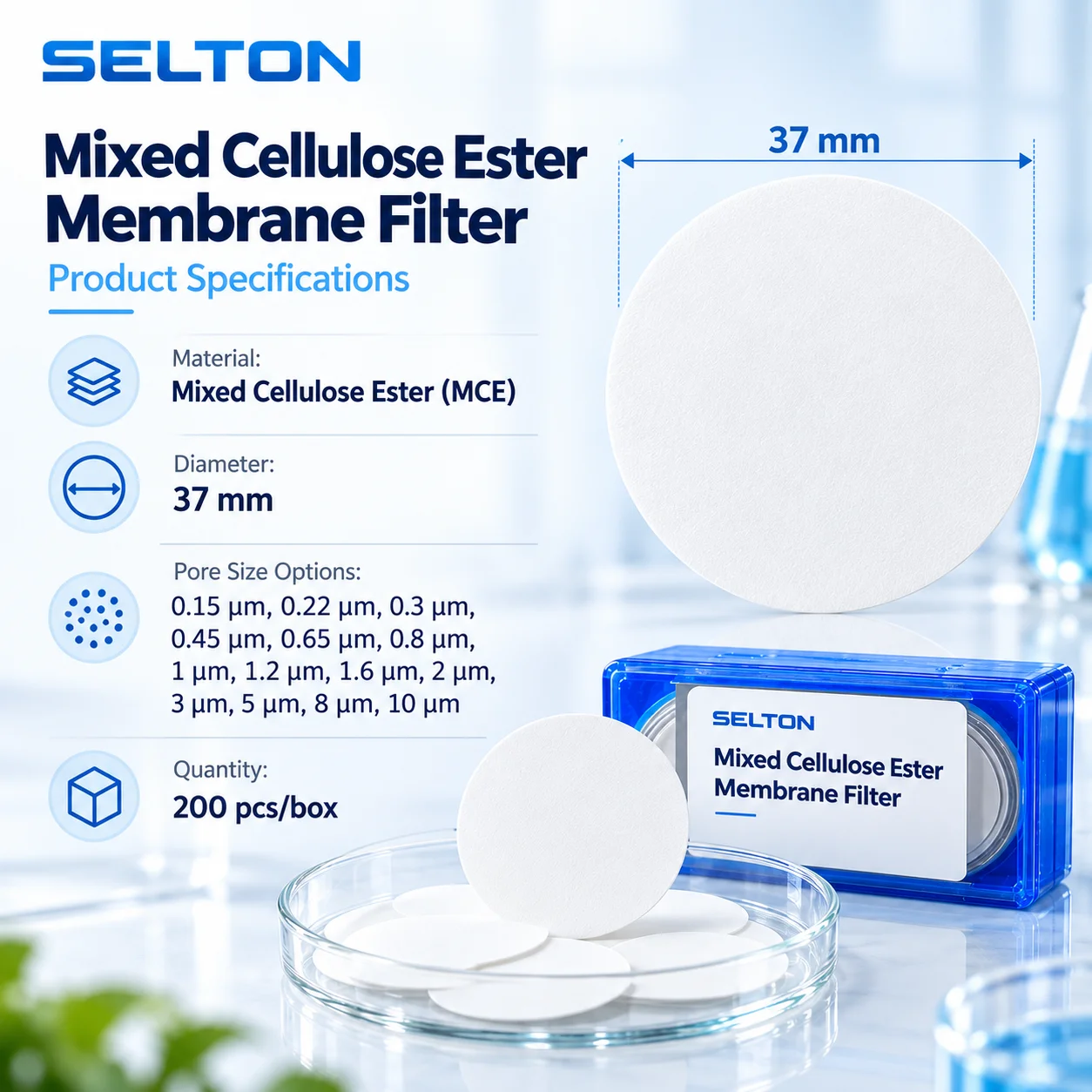SELTON MCE Membrane Filter 37mm Hydrophilic Mixed Cellulose Ester Microporous Disc 0.15-10um for Lab Water Filtration 200pcs