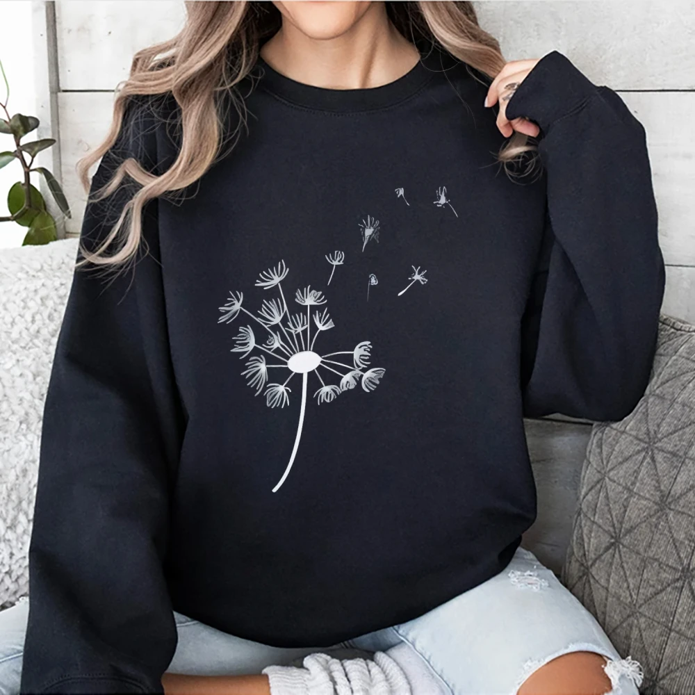 

Y2K Dandelion Print Blown Off Pullover Shirt Art Print Top For Women High Street Good Quality Sportwear Vintage Round Neck