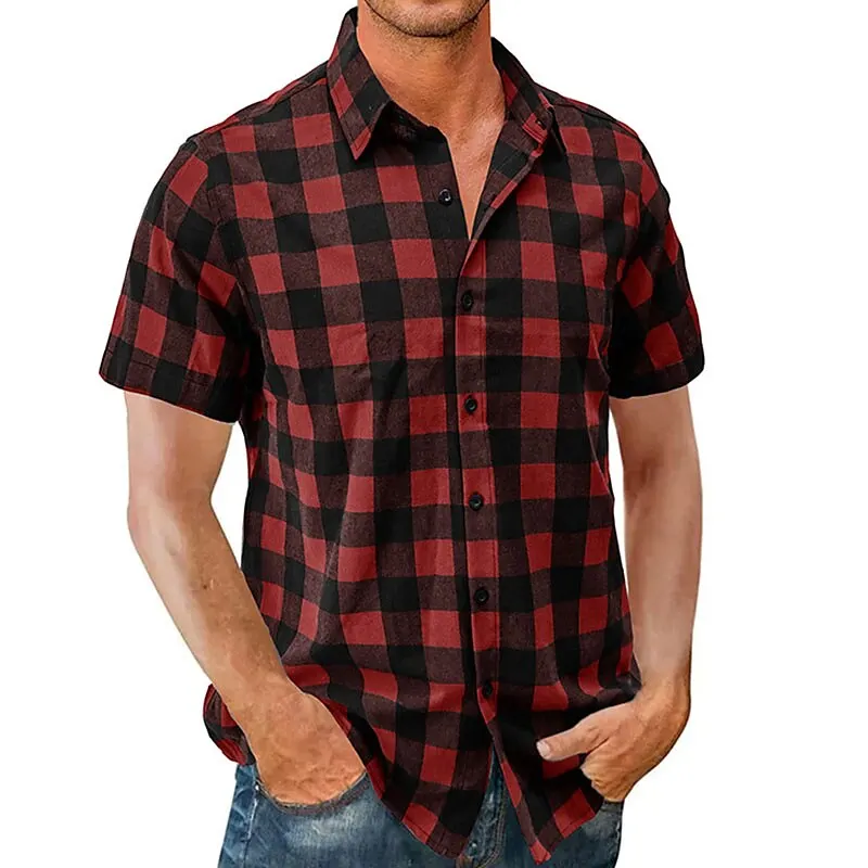 Men\'s Summer Shirts Casual Loose Short Sleeves Plaid Lapel Street Resort Wear Fashionable Comfort Soft Design Hawaiian Tops