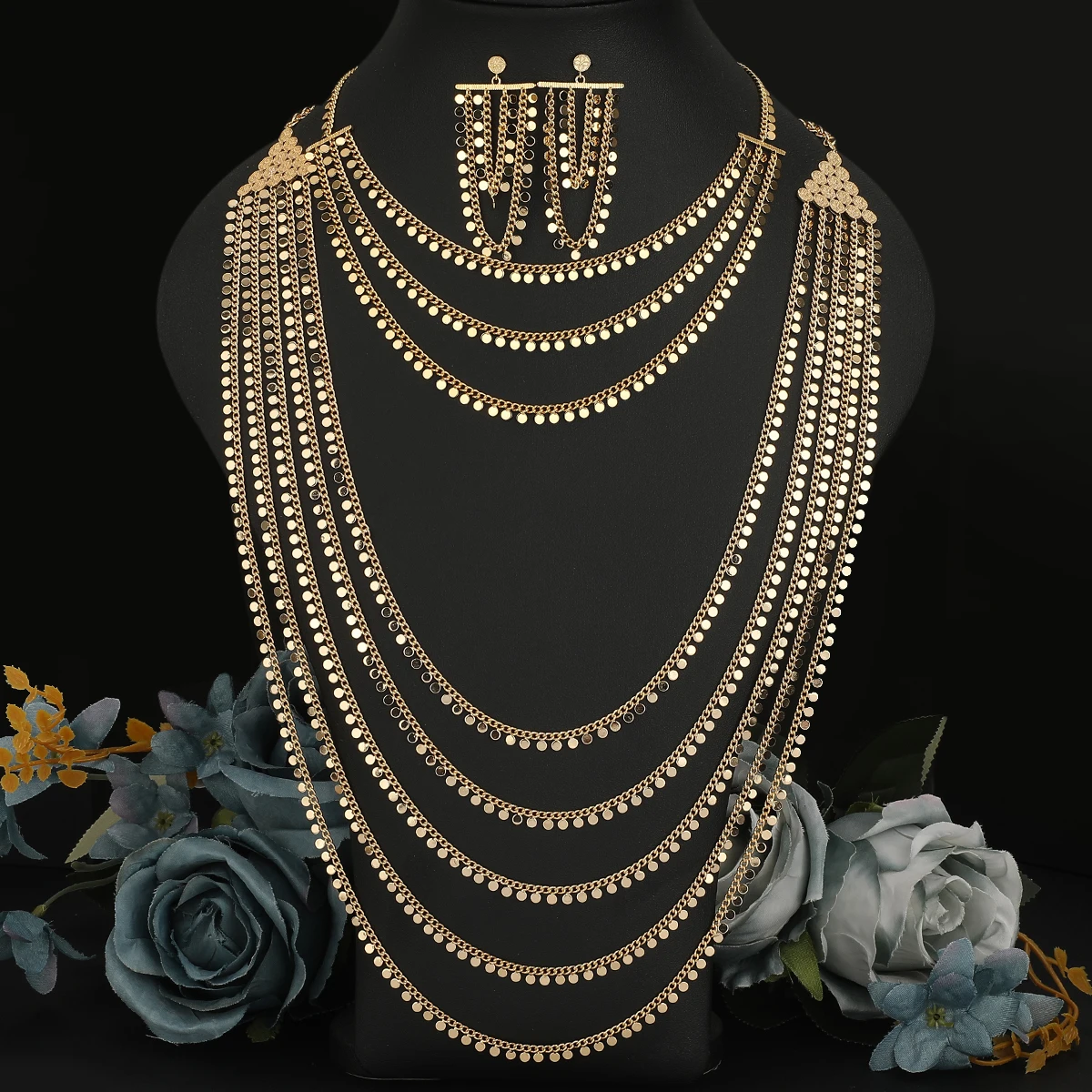 Women Classical Fashion Gold Long Chain Necklace Earring with Choker Set Arabic Style Multi-Layer Necklace Party Jewelry Set