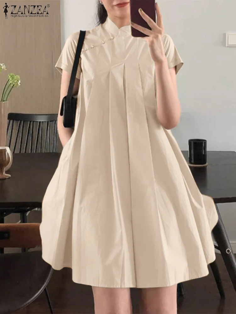ZANZEA femmes élégant a-ligne robes de soirée 2025 été élégant robe sans manches col montant travail plissé robe d'été robes caftan