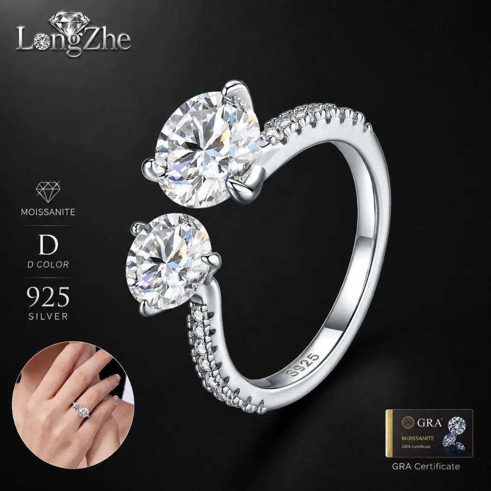 Moissanite Two Stone Ring for Women 3.201CT 8mm 6.5mm Round Cut S925 Sterling Silver Open Pave Band Engagement Anniversary Gift