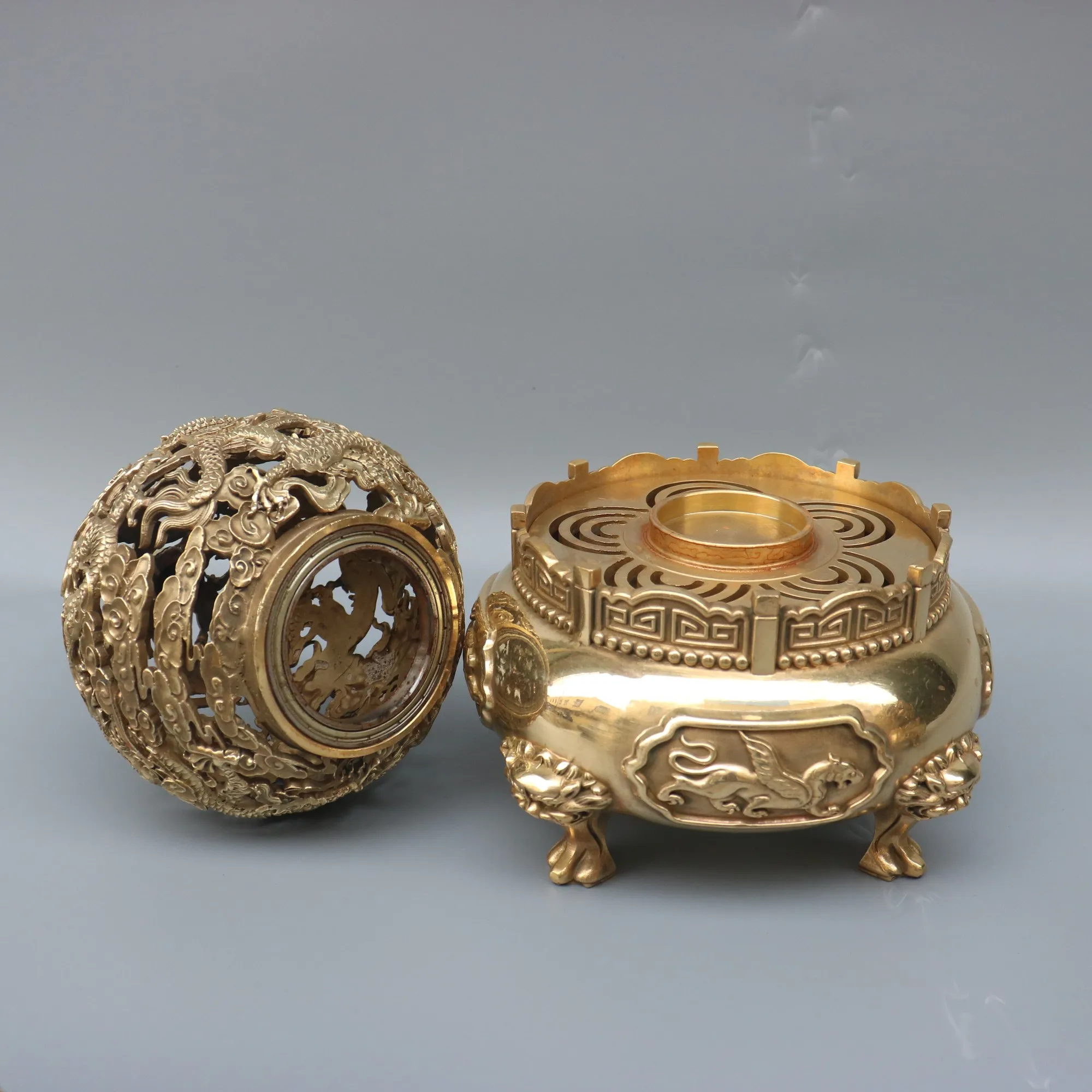 Coleção do templo tibetano, Bronze antigo, nove Dragon Hollow Ball, Qiankun incenso queimador, acumular riqueza ornamentos, Town House e exorcismo, 9