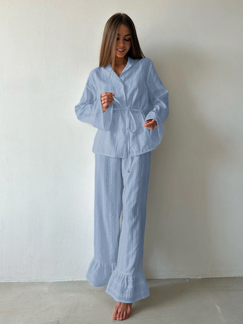 Marthaqiqiq Casual Women Nightgown 2 Piece Suit Long Sleeve Nightwear Turn-Down Collar Sleepwear Pants Loose Home Clothes Ladies