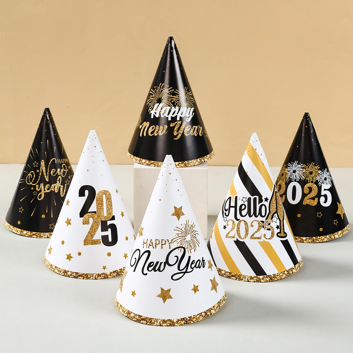 Happy New Year 2025 Black Gold Disposable Hat 2025 Kids Favors Happy New Year Black Glitter Paper Hat New Years Eve Party Decors