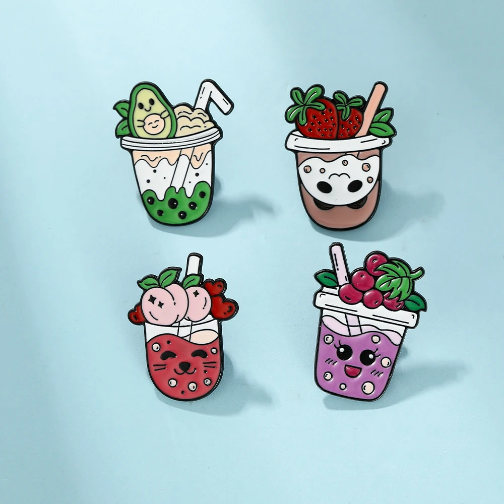 Pretty Cat Pattern Juice Theme Pins Avocado Peach Strawberry Grape Cold Drink Enamel Brooches Cheap Jewelry Wholesale