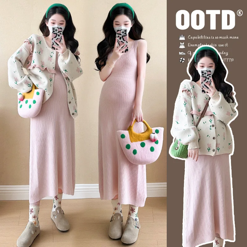 

Sweet Style Maternity Set Autumn Winter New Knit Sweater with Matching Coat Feminine Two Piece Outfit for Pregnant Women