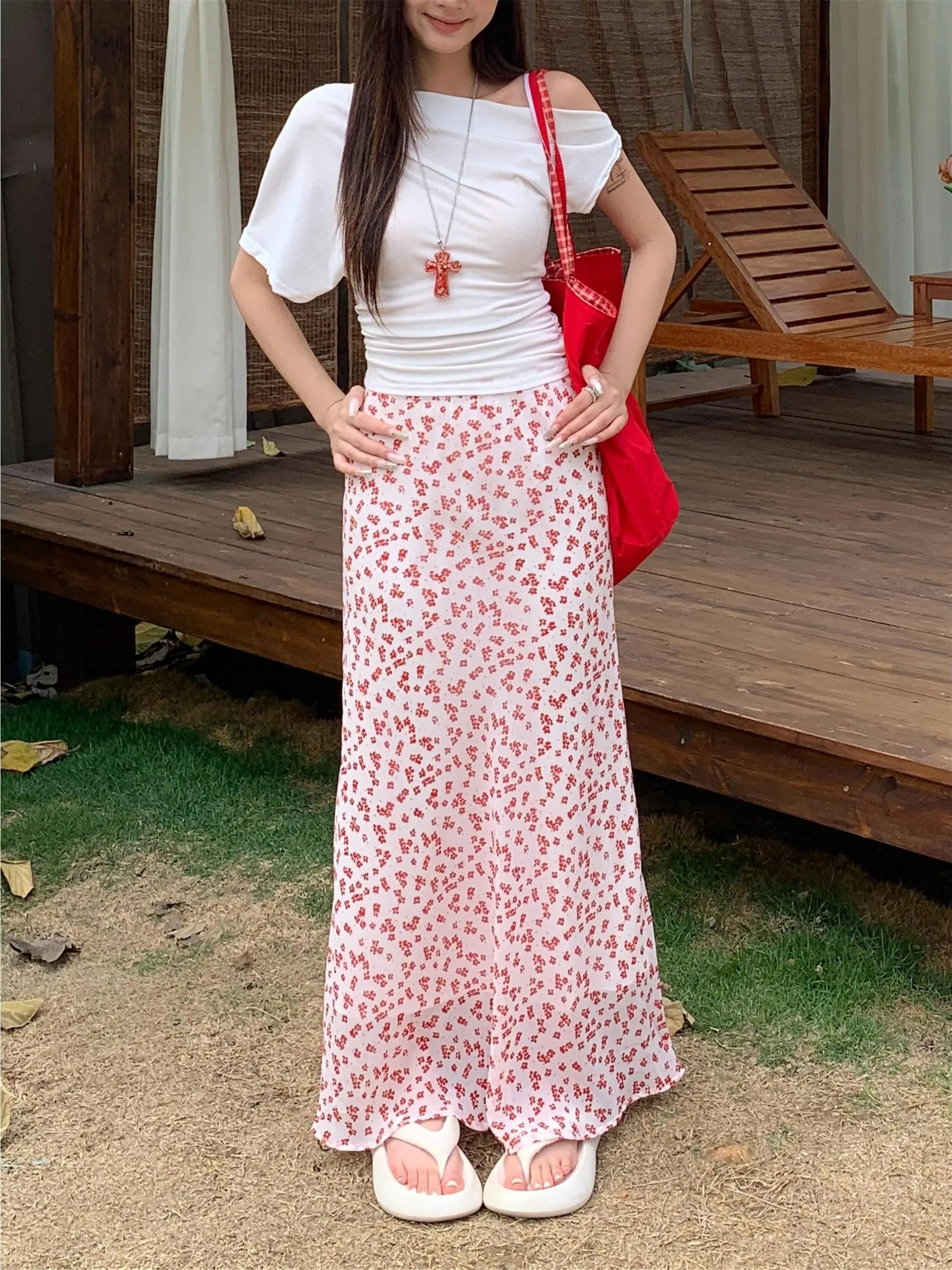 

Romantic Floral Chiffon High Waist Skirt Women's Summer 2026 New Style Sweet Fish Tail Long Skirt Commute Korean Style