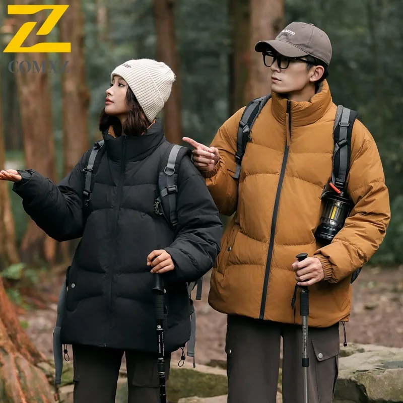 COMXZ 2025 Mens Womens Duck Down Stand Collar Short Winter Jacket American Style  Outdoor Sport Lightweight Leisure tactics Coat