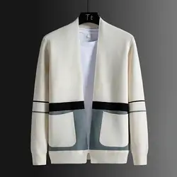 Korean Fashion Spring Autumn New Cardigan Sweaters Coats Men's V-Neck Contrast Color Pockets Loose Long Sleeve Knitted Jackets